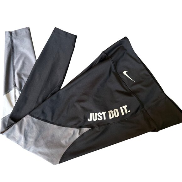 LARGE Womens Nike Power Team Victory Just Do It Black Gray Leggings - Picture 6 of 11